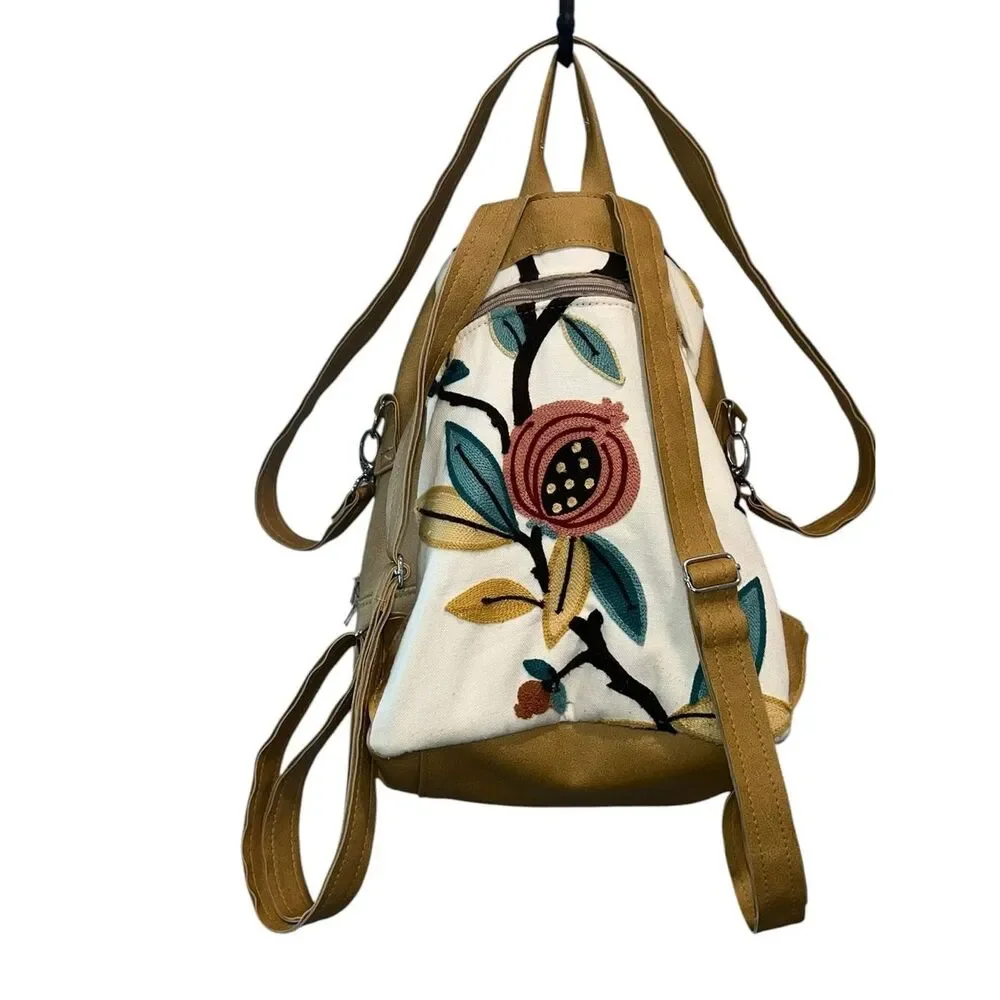 Boho Embroidered Floral Convertible Backpack Purse Canvas & Faux Leather